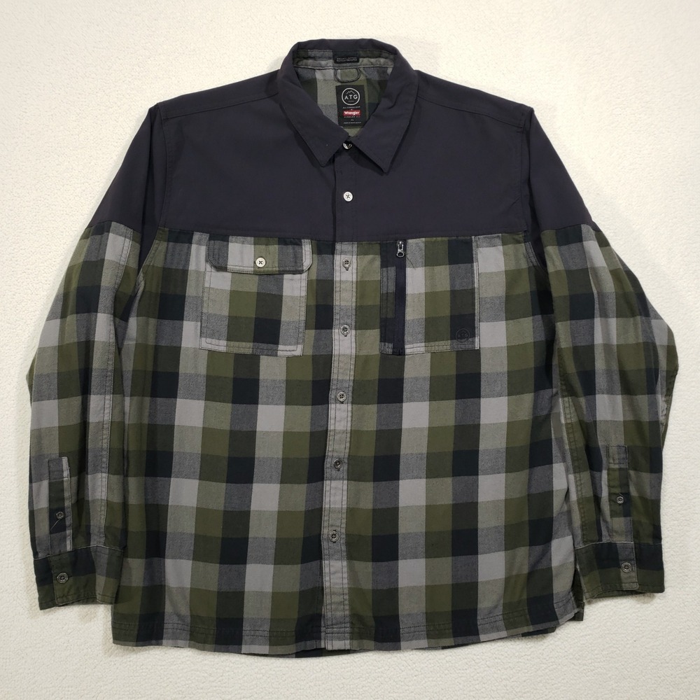 Wrangler ATG Overlay Flannel Shirt Men XL Green Gray Plaid Outdoor Hiking
